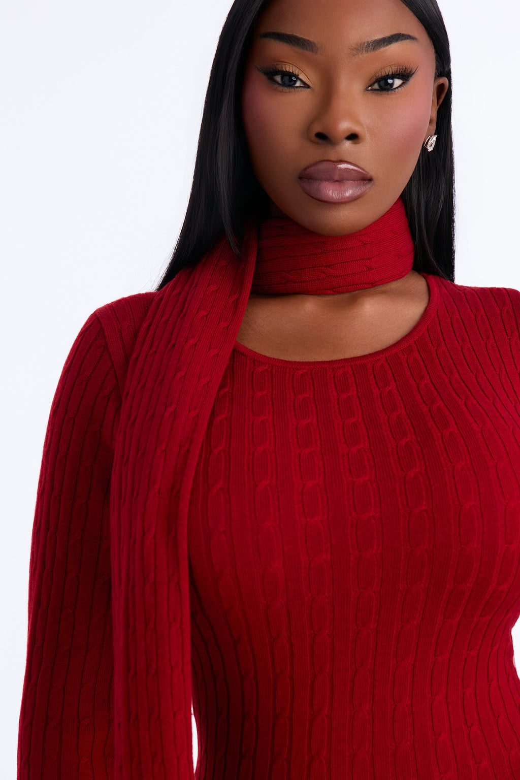 Windy City Scarf & Sweater Midi Dress - Red
