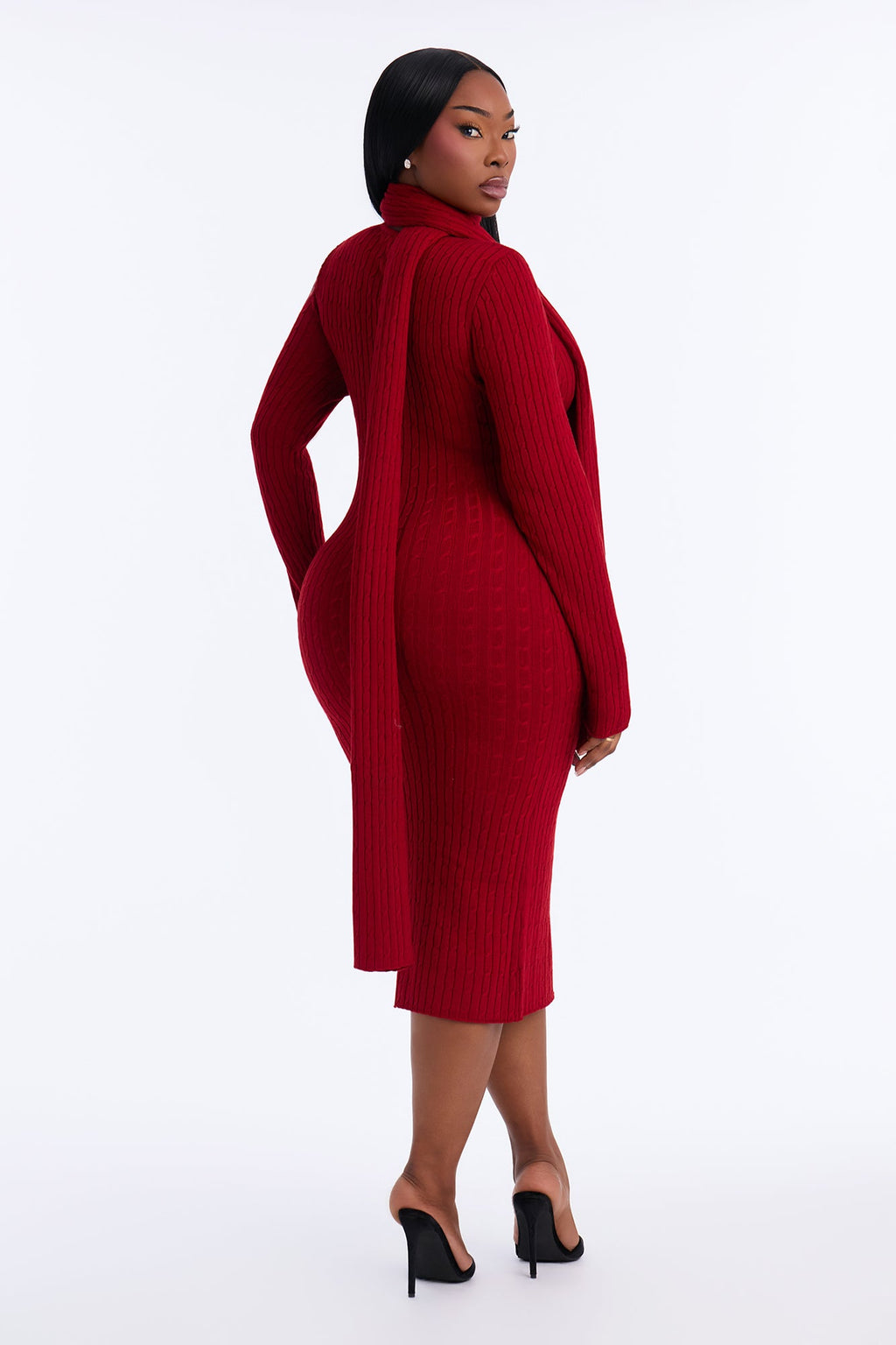 Windy City Scarf & Sweater Midi Dress - Red