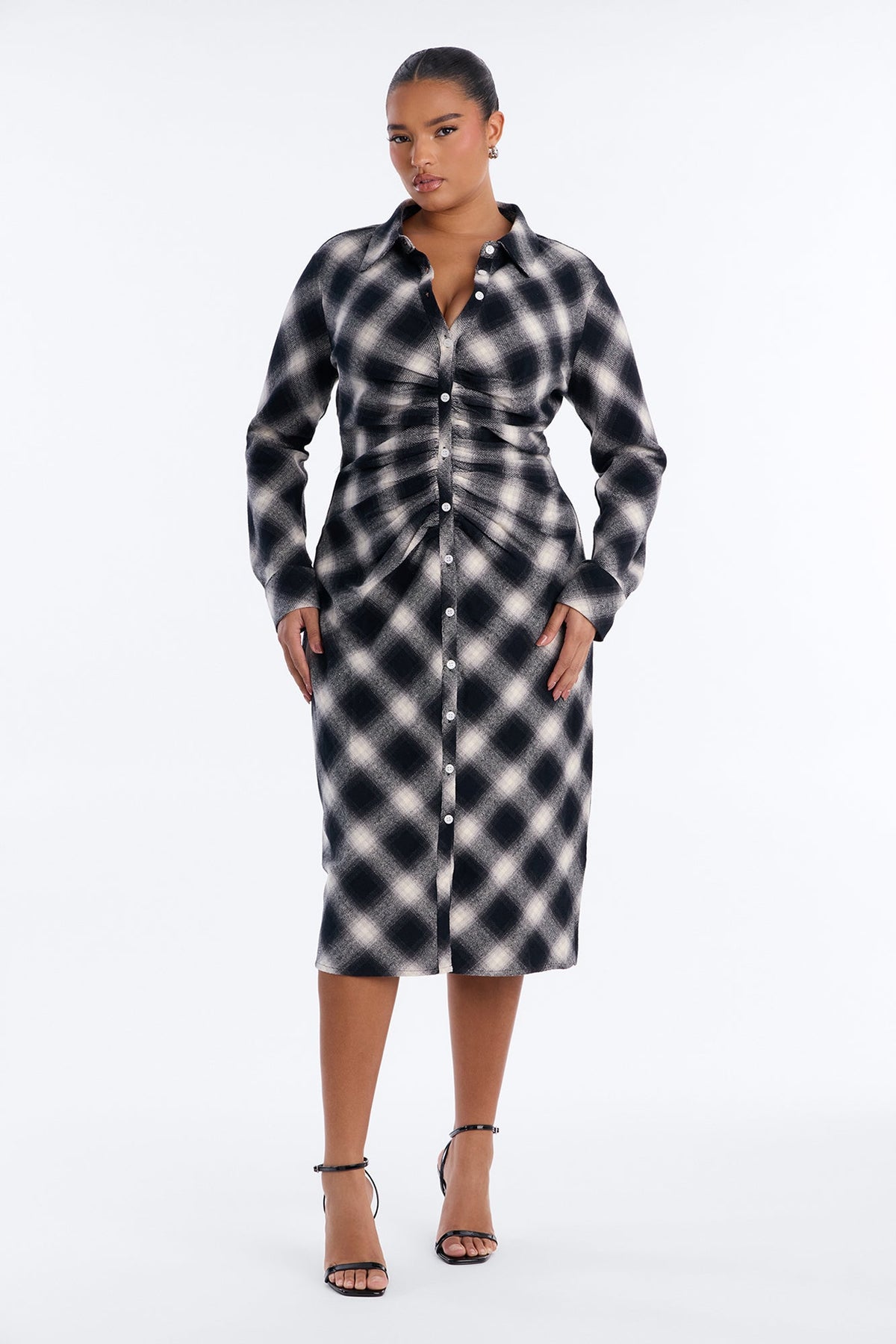 Steph Button Up Plaid Midi Dress - Black/combo
