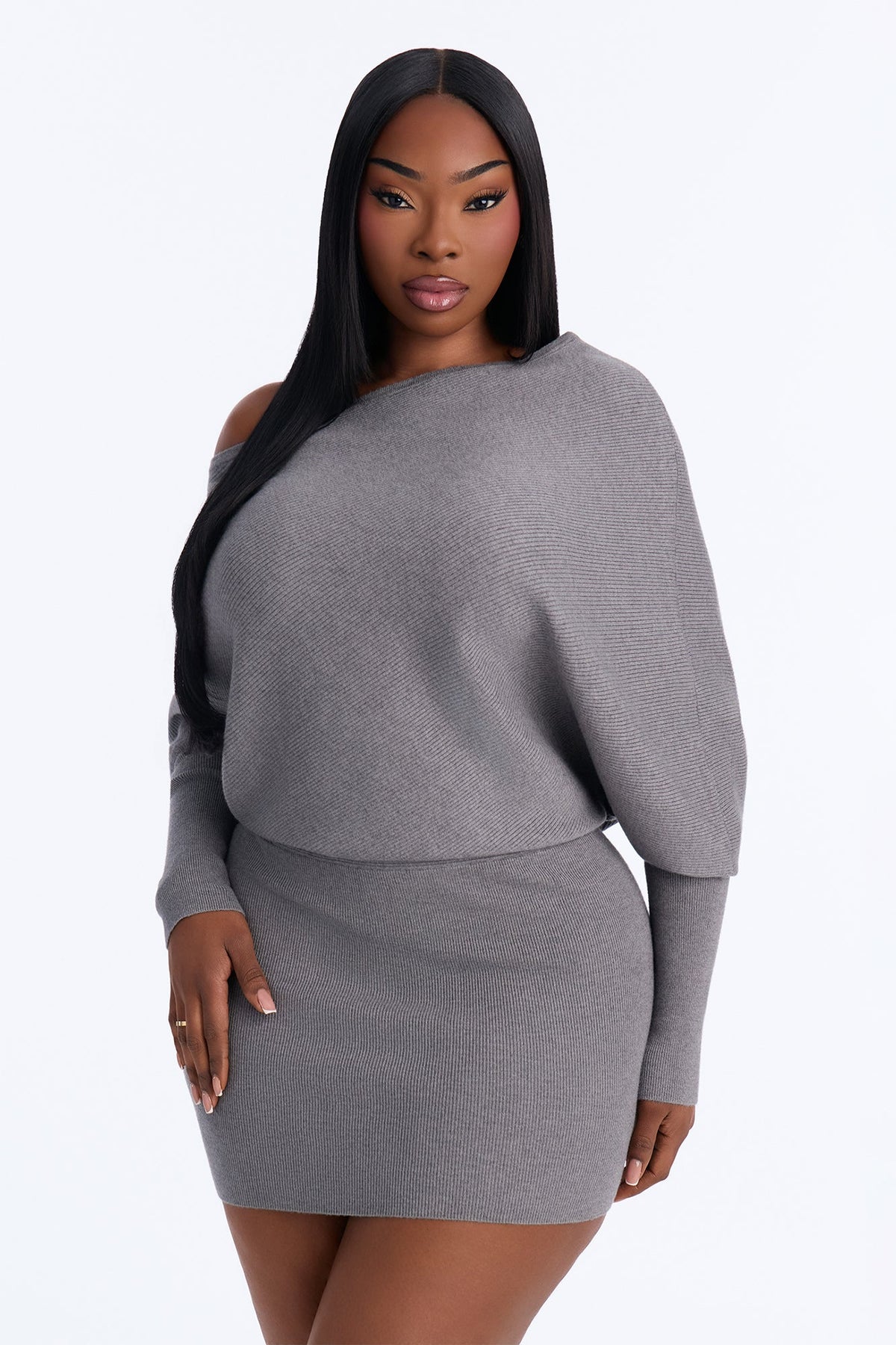 Arianna Off Shoulder Sweater Mini Dress - Grey