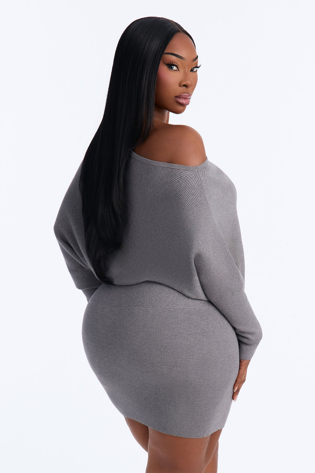 Arianna Off Shoulder Sweater Mini Dress - Grey