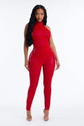 Sleek Seduction Backless Coated Jumpsuit - Red
