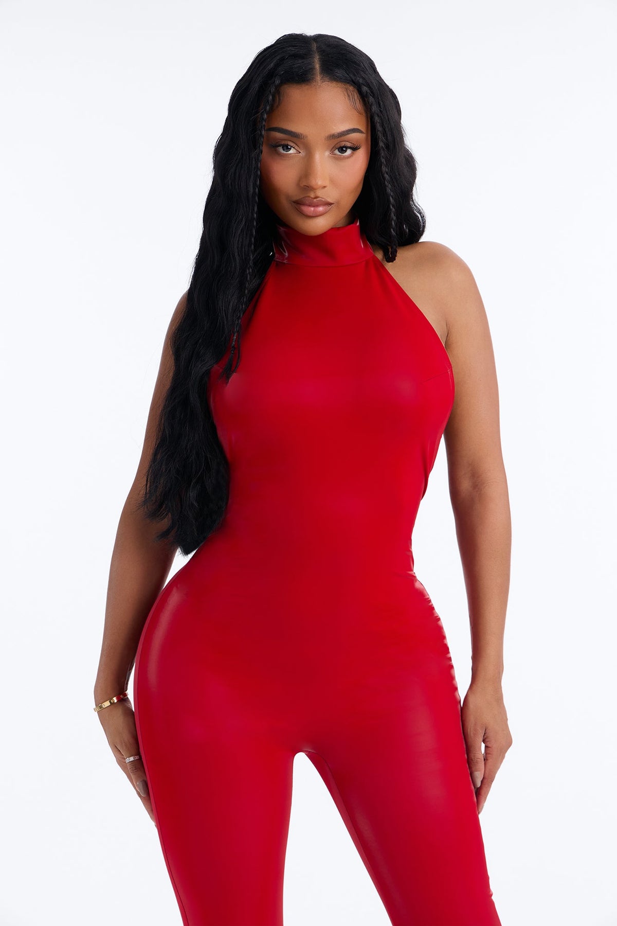 Sleek Seduction Backless Coated Jumpsuit - Red