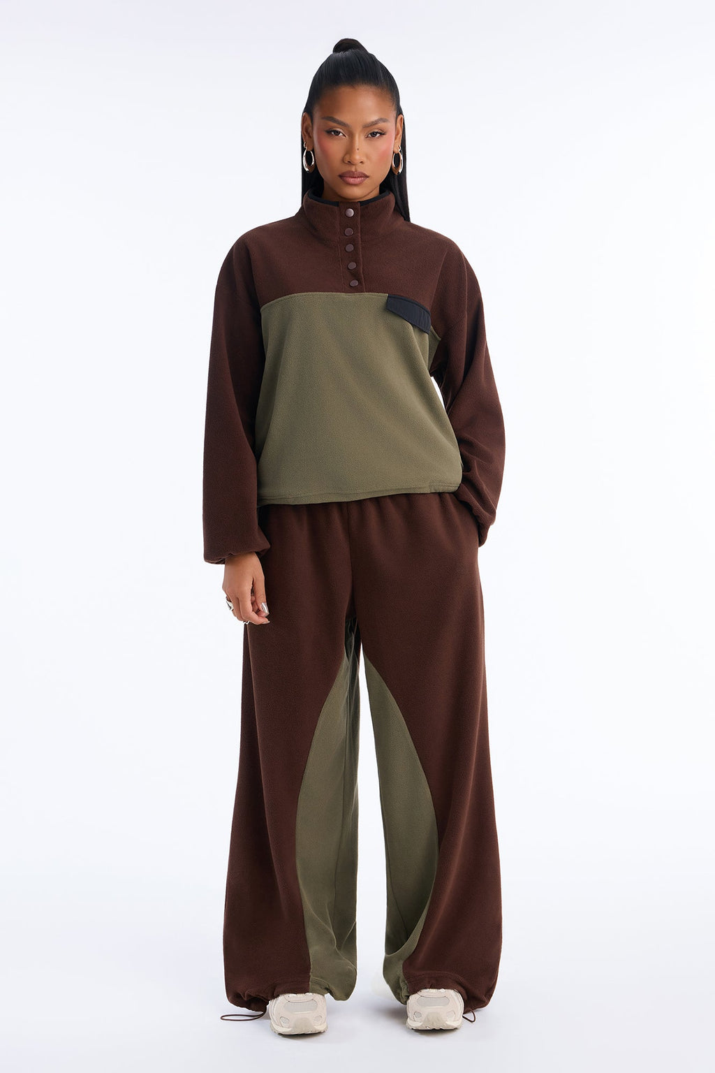 Here For It Color Block Fleece Pant Set - Brown/combo