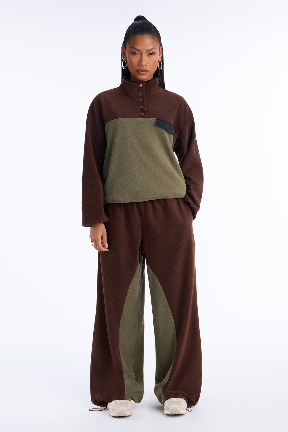 Here For It Color Block Fleece Pant Set - Brown/combo