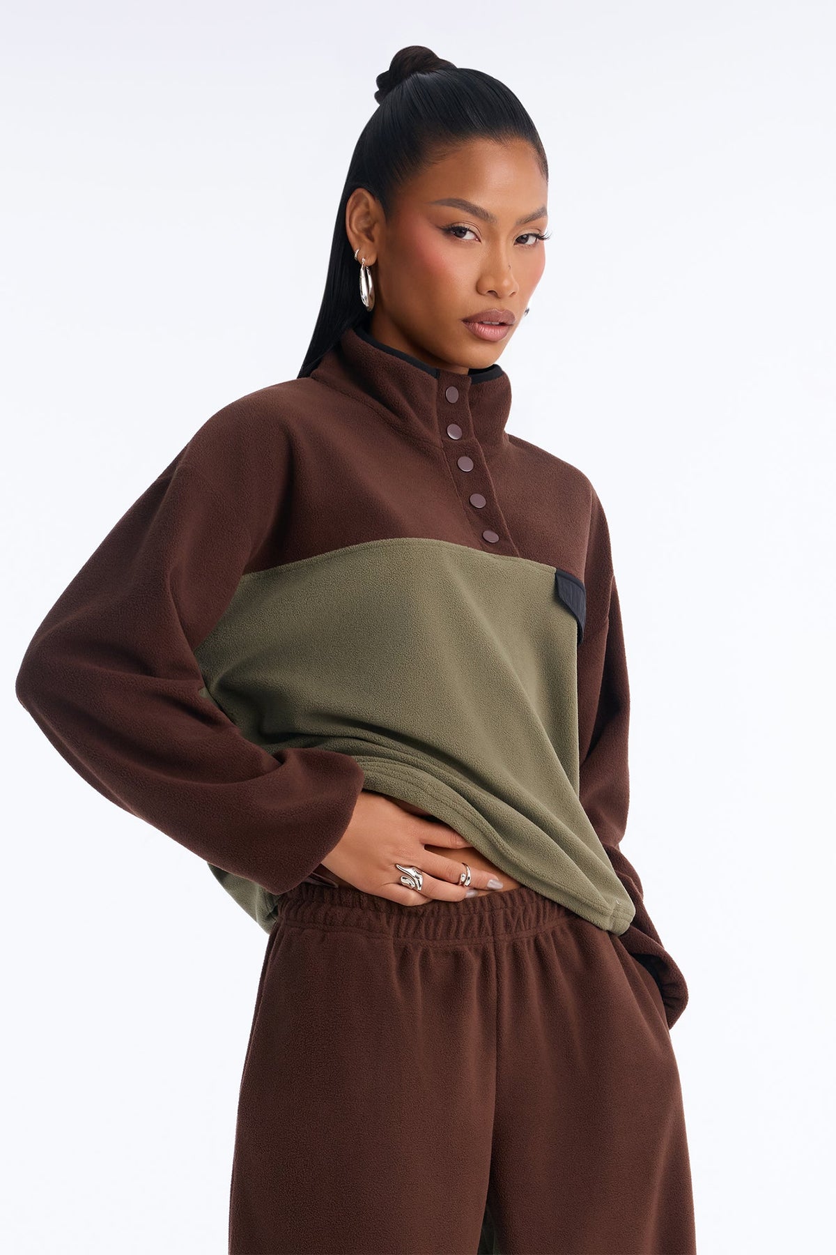 Here For It Color Block Fleece Pant Set - Brown/combo