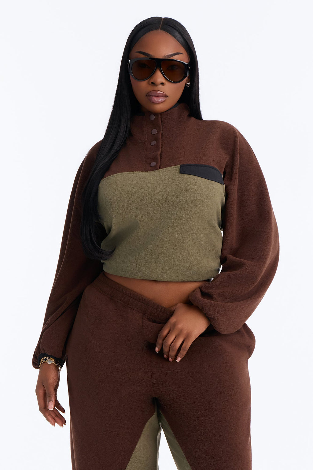 Here For It Color Block Fleece Pant Set - Brown/combo