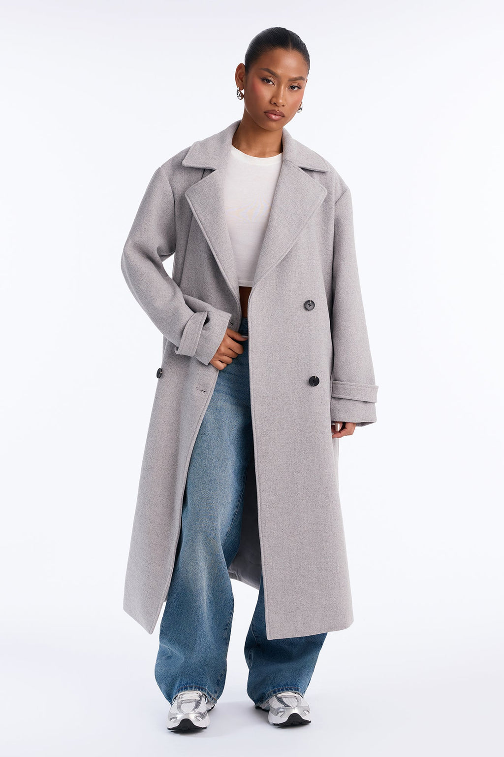 Aria Double Breasted Wool Blend Long Coat - Light Heather Grey