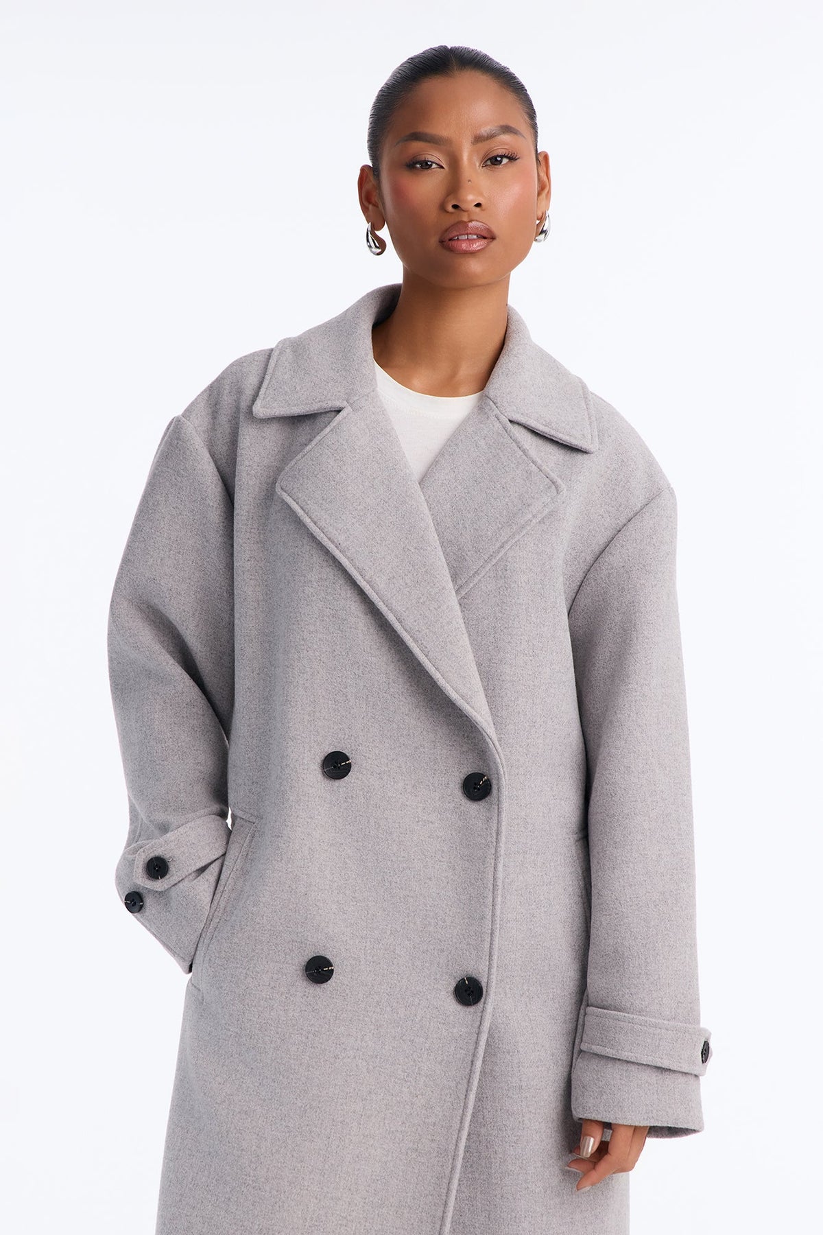 Aria Double Breasted Wool Blend Long Coat - Light Heather Grey