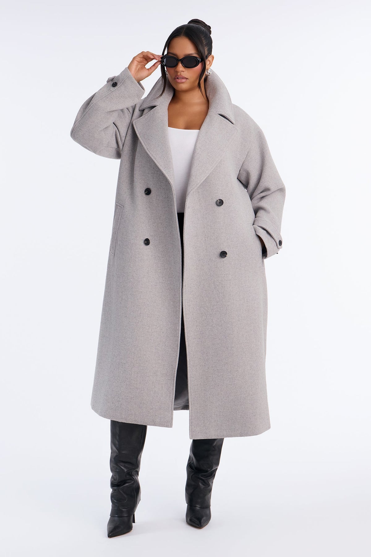 Aria Double Breasted Wool Blend Long Coat - Light Heather Grey