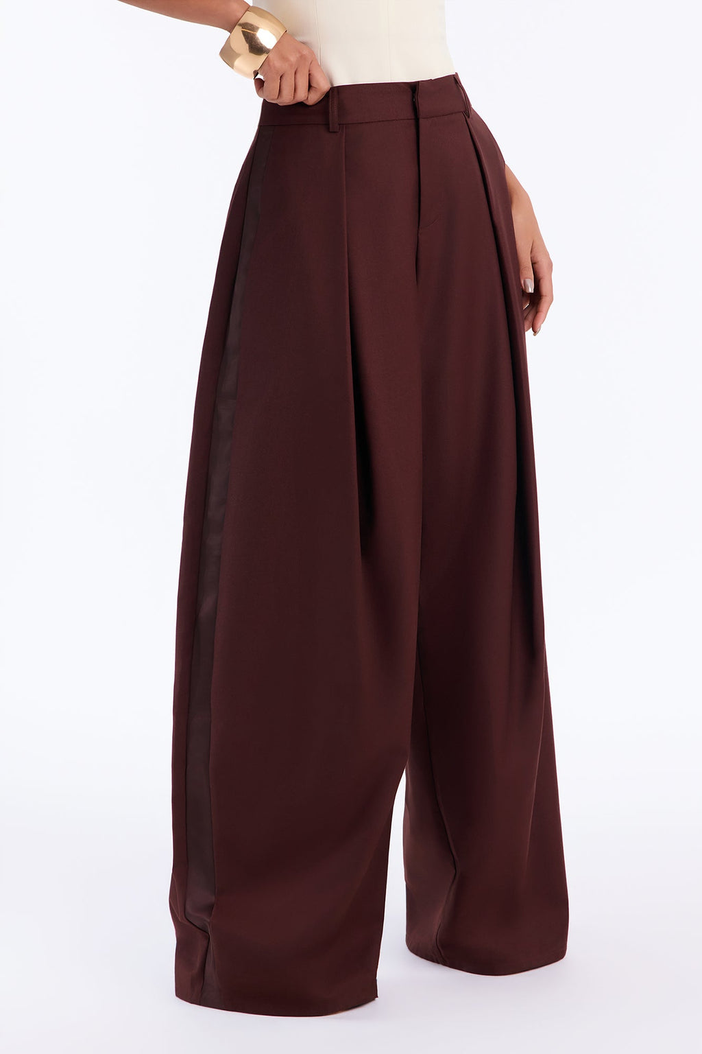 Camile Pleated Tuxedo Stripe Wide Leg Trouser - Burgundy
