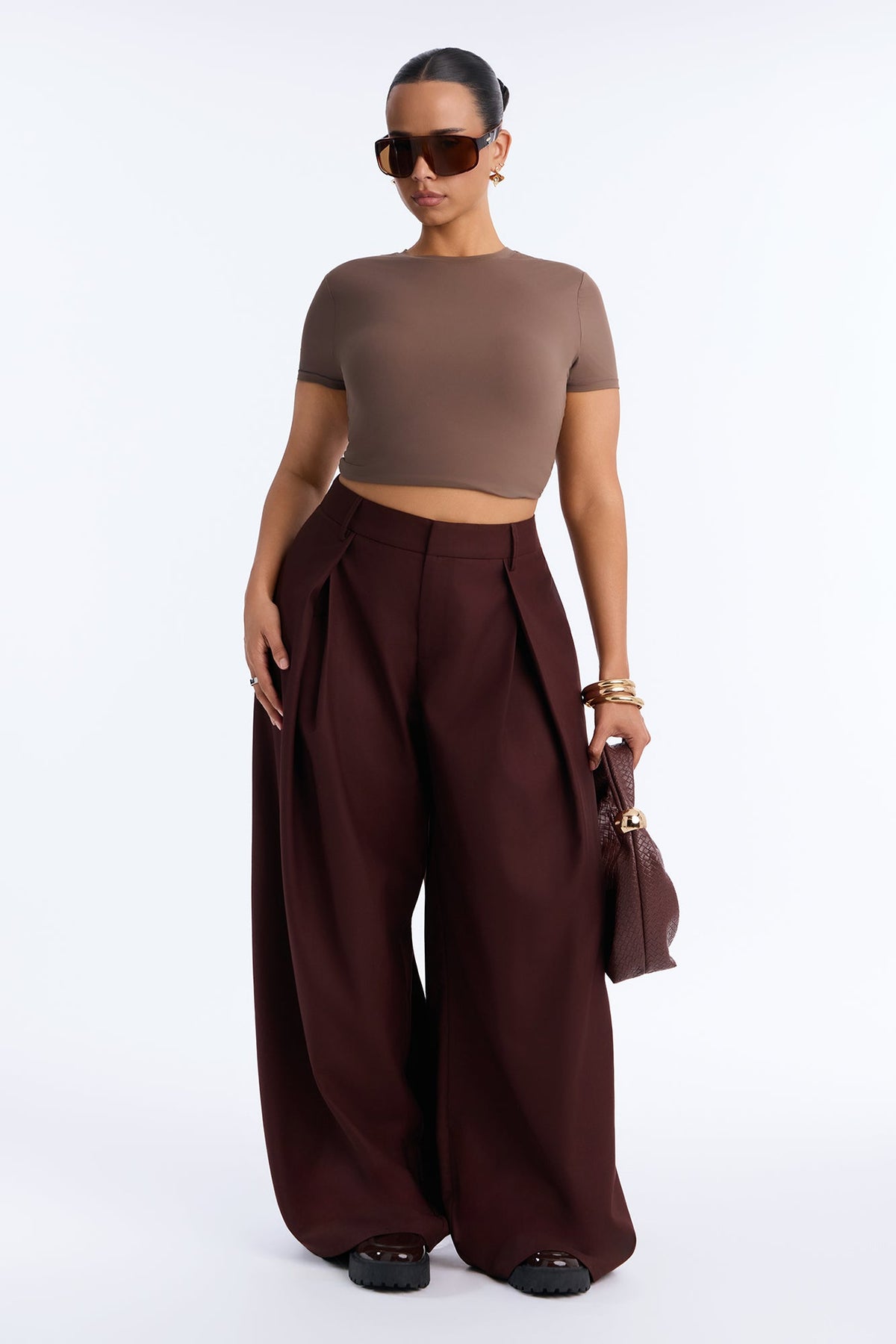 Camile Pleated Tuxedo Stripe Wide Leg Trouser - Burgundy