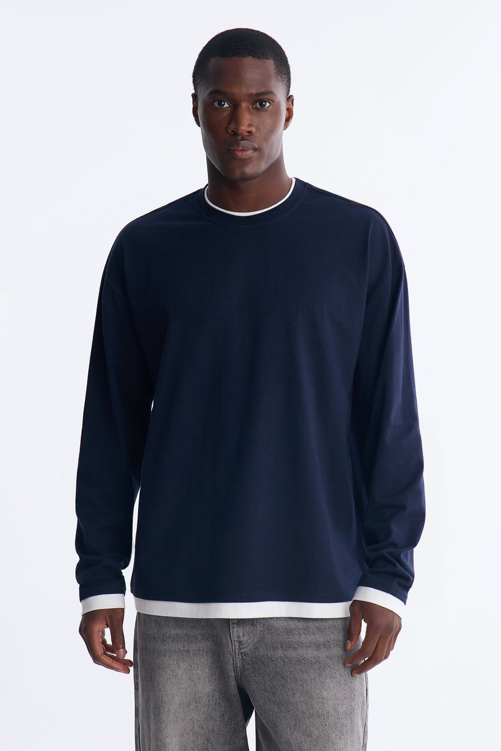 Layered Oversized Long Sleeve Tee - Navy