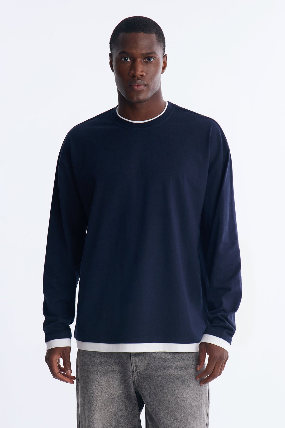 Layered Oversized Long Sleeve Tee - Navy
