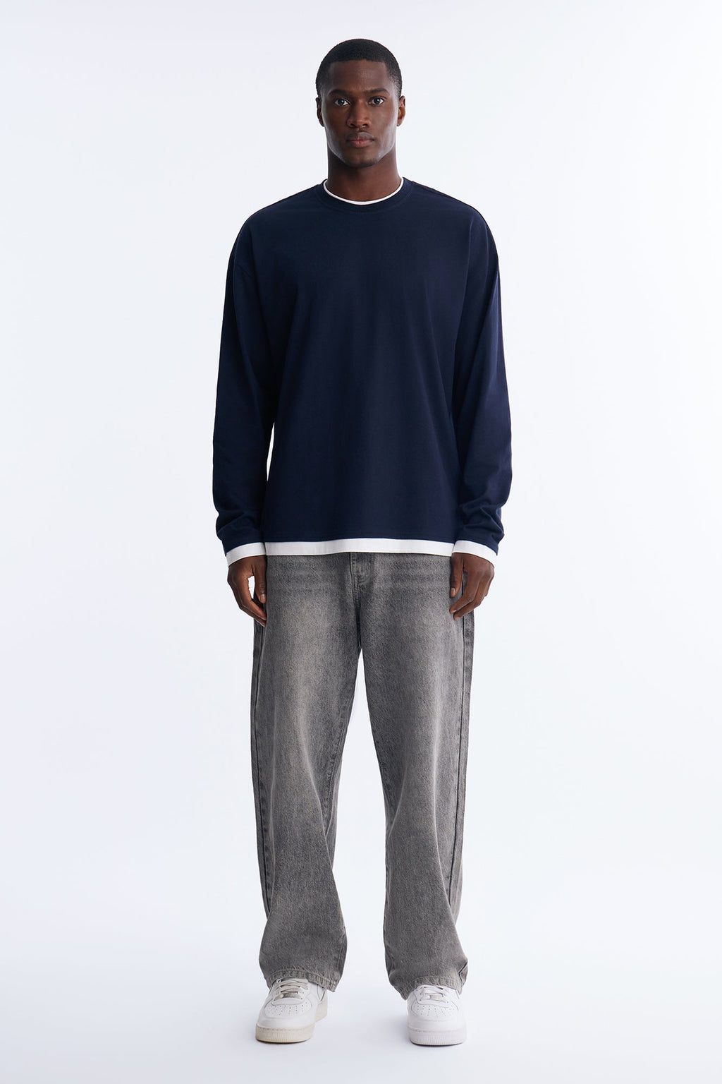Layered Oversized Long Sleeve Tee - Navy