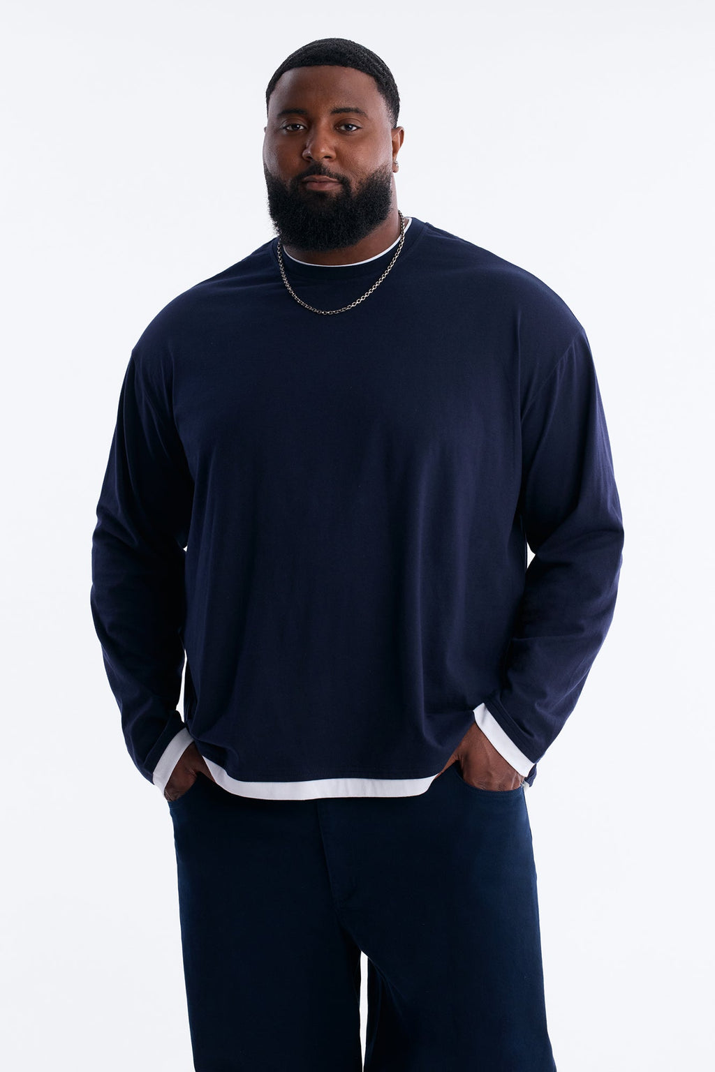 Layered Oversized Long Sleeve Tee - Navy