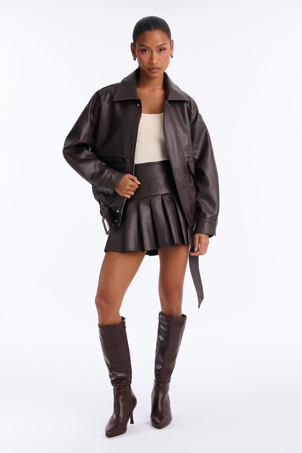 Paige Faux Leather Skirt Set - Brown