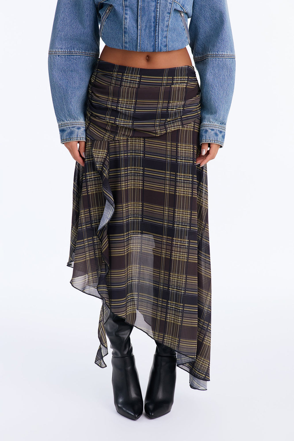 Amira Chiffon Plaid Midi Skirt - Olive/combo