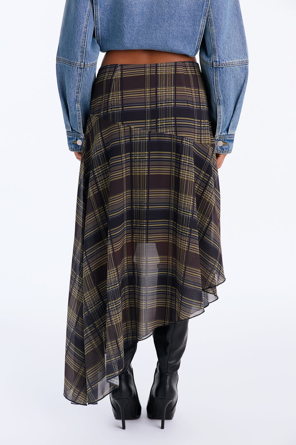 Amira Chiffon Plaid Midi Skirt - Olive/combo