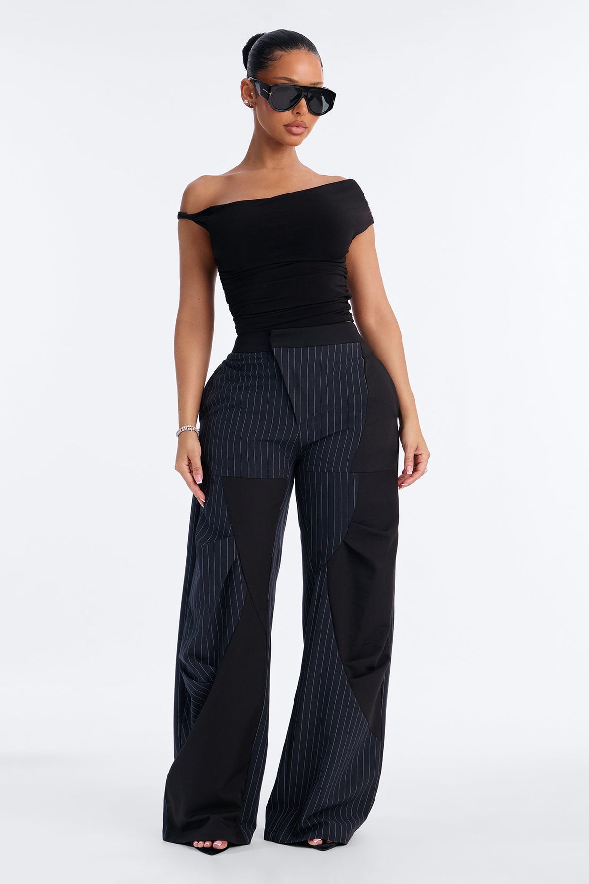 Annie Asymmetrical Pinstripe Paneled Barrel Trouser - Navy/combo