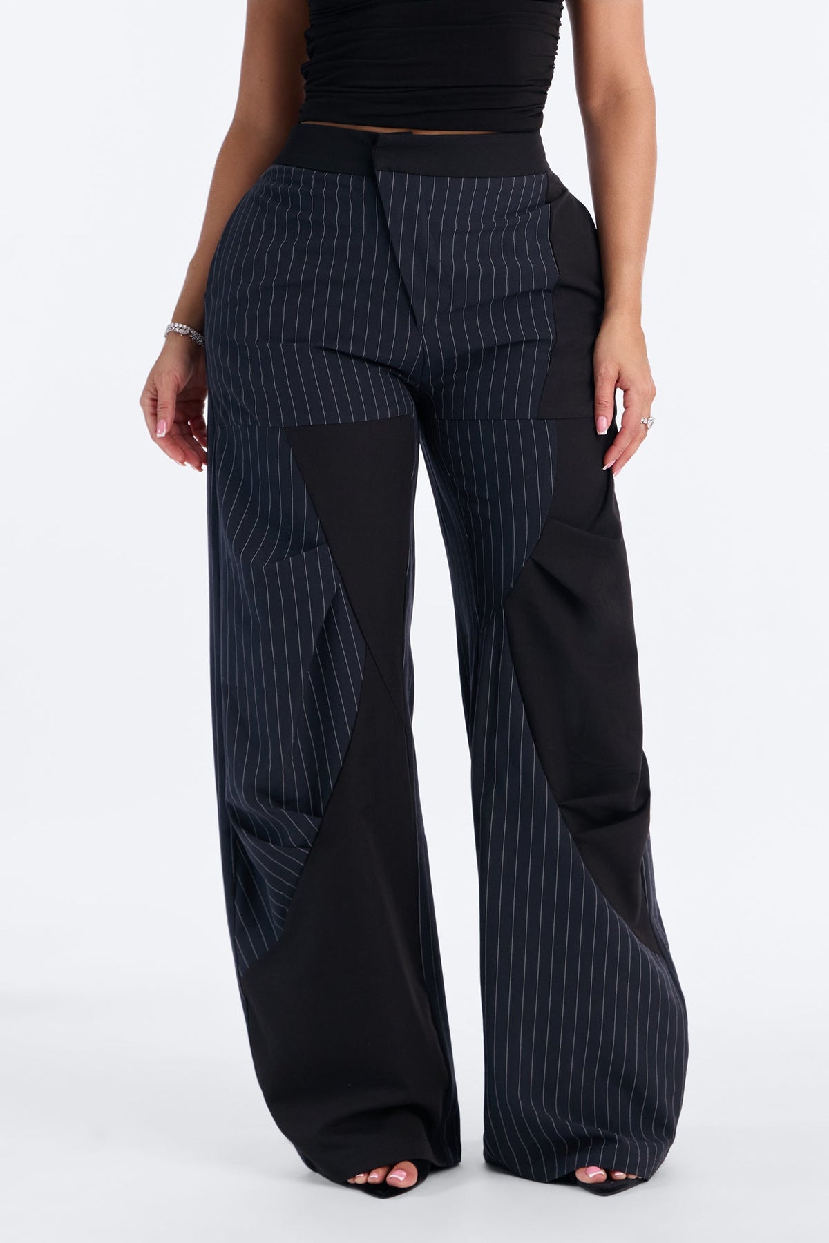Annie Asymmetrical Pinstripe Paneled Barrel Trouser - Navy/combo
