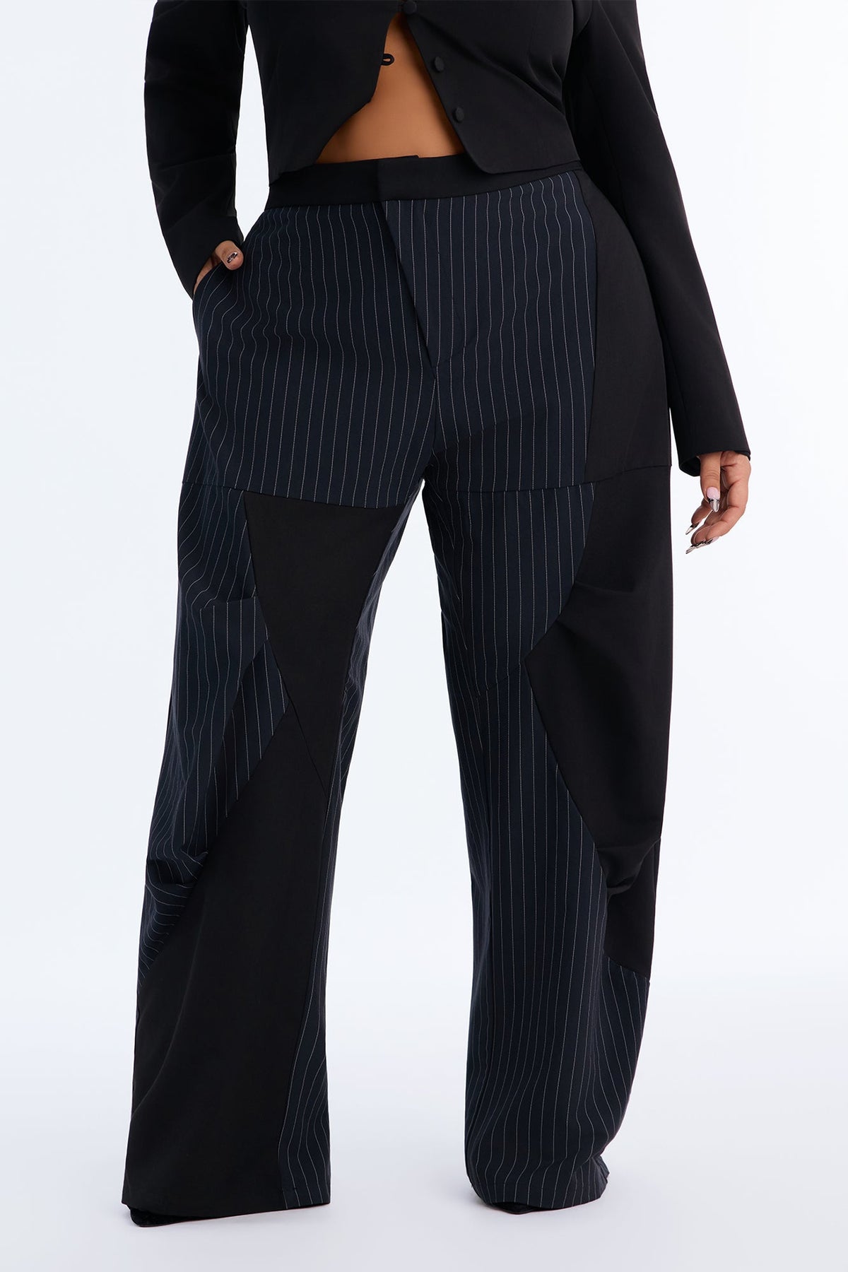 Annie Asymmetrical Pinstripe Paneled Barrel Trouser - Navy/combo