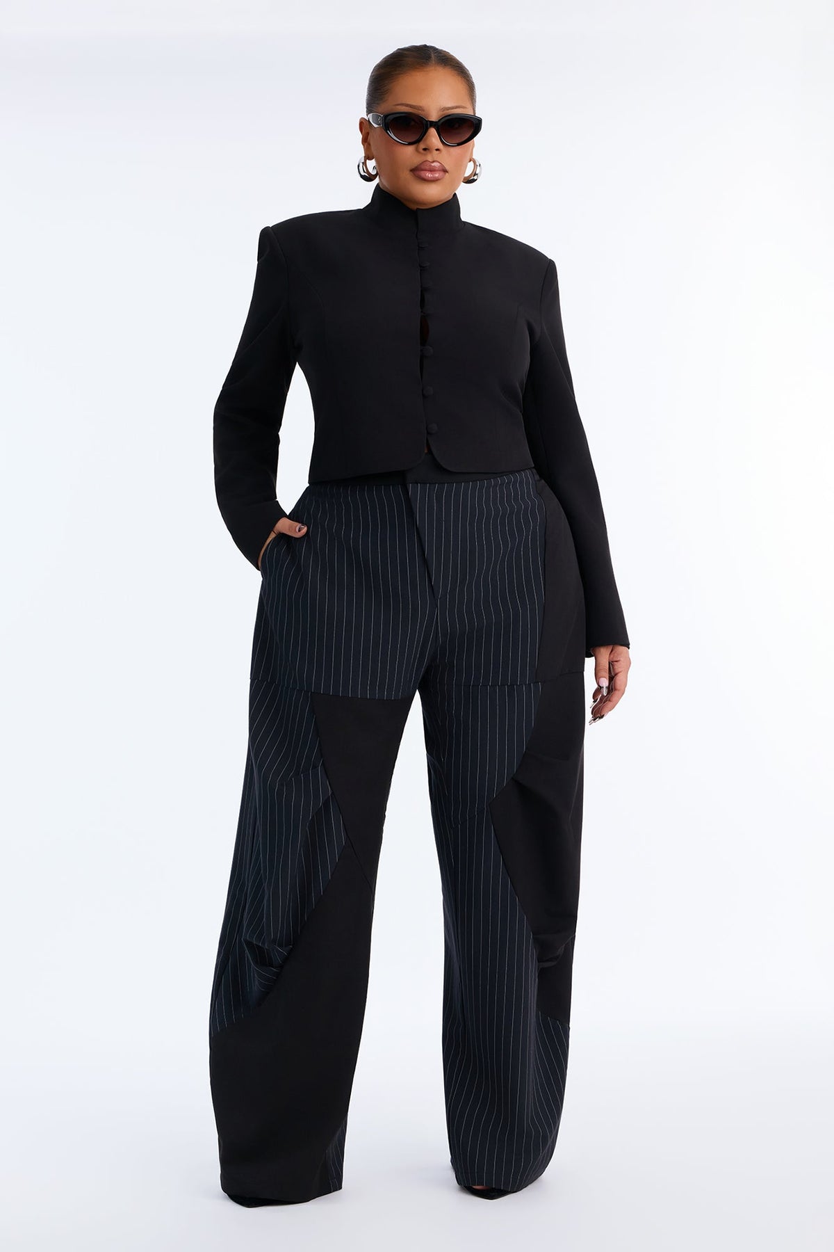Annie Asymmetrical Pinstripe Paneled Barrel Trouser - Navy/combo
