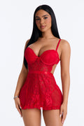 Heat Mode Sheer Underwire Lace Trim 2 Piece Apron Set - Red