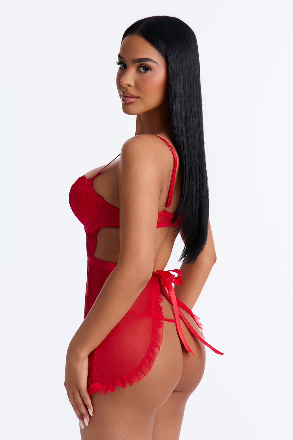 Heat Mode Sheer Underwire Lace Trim 2 Piece Apron Set - Red