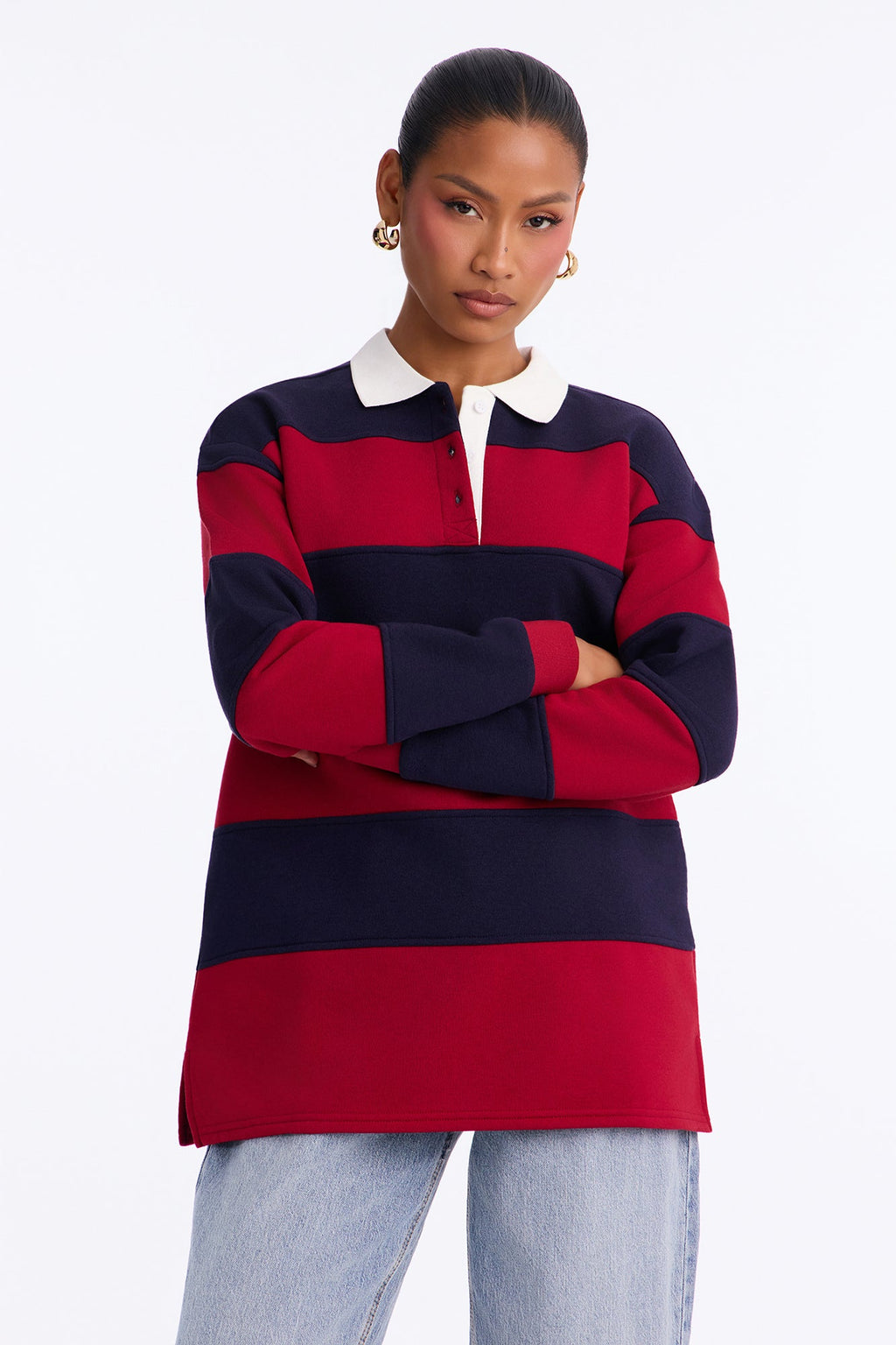 Katie Rugby Striped Polo - DarkRed
