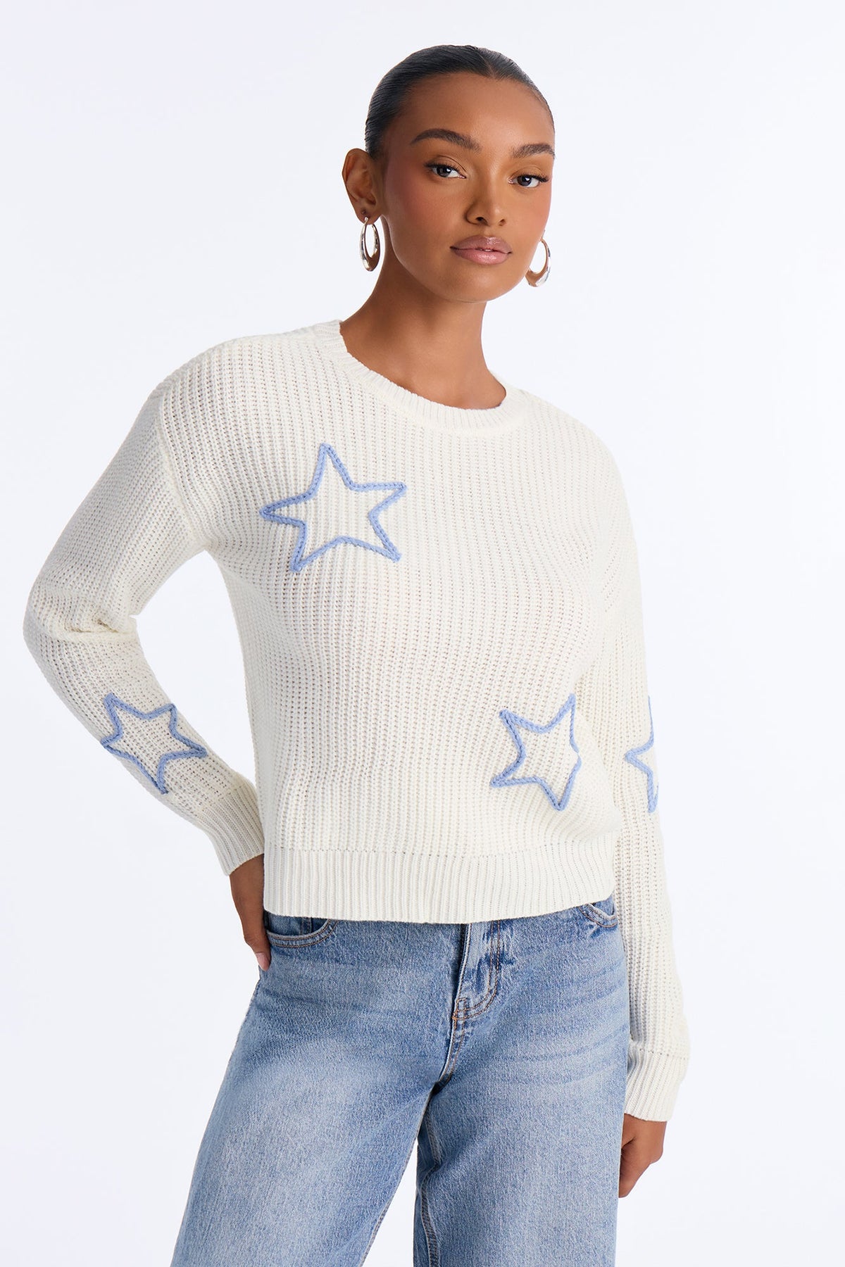 Casey Embroidered Long Sleeve Pullover Sweater - Cream/combo