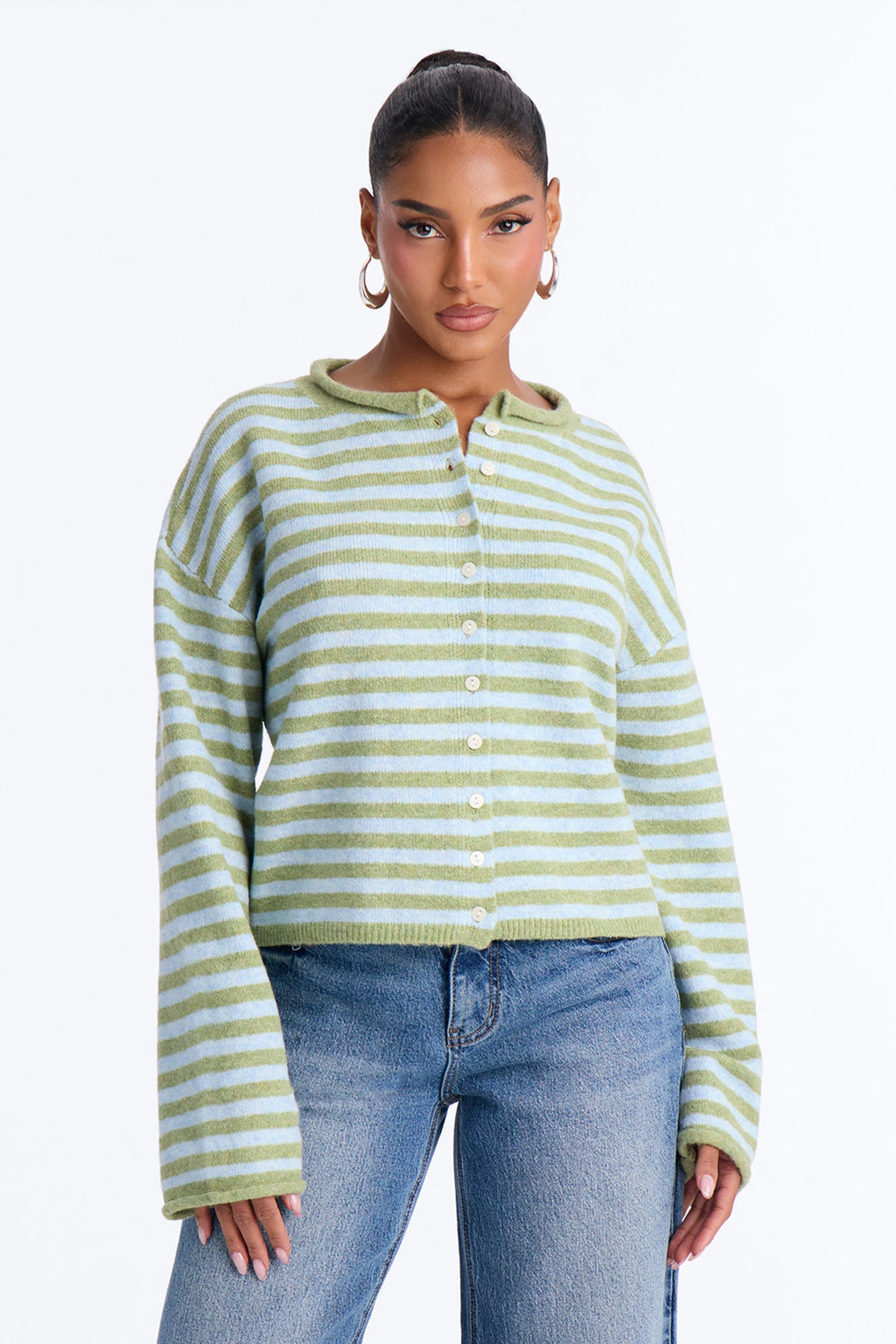 Sweet Talks Striped Button Up Cardigan - Green/combo