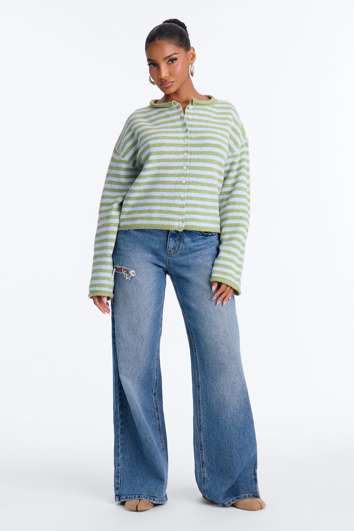 Sweet Talks Striped Button Up Cardigan - Green/combo
