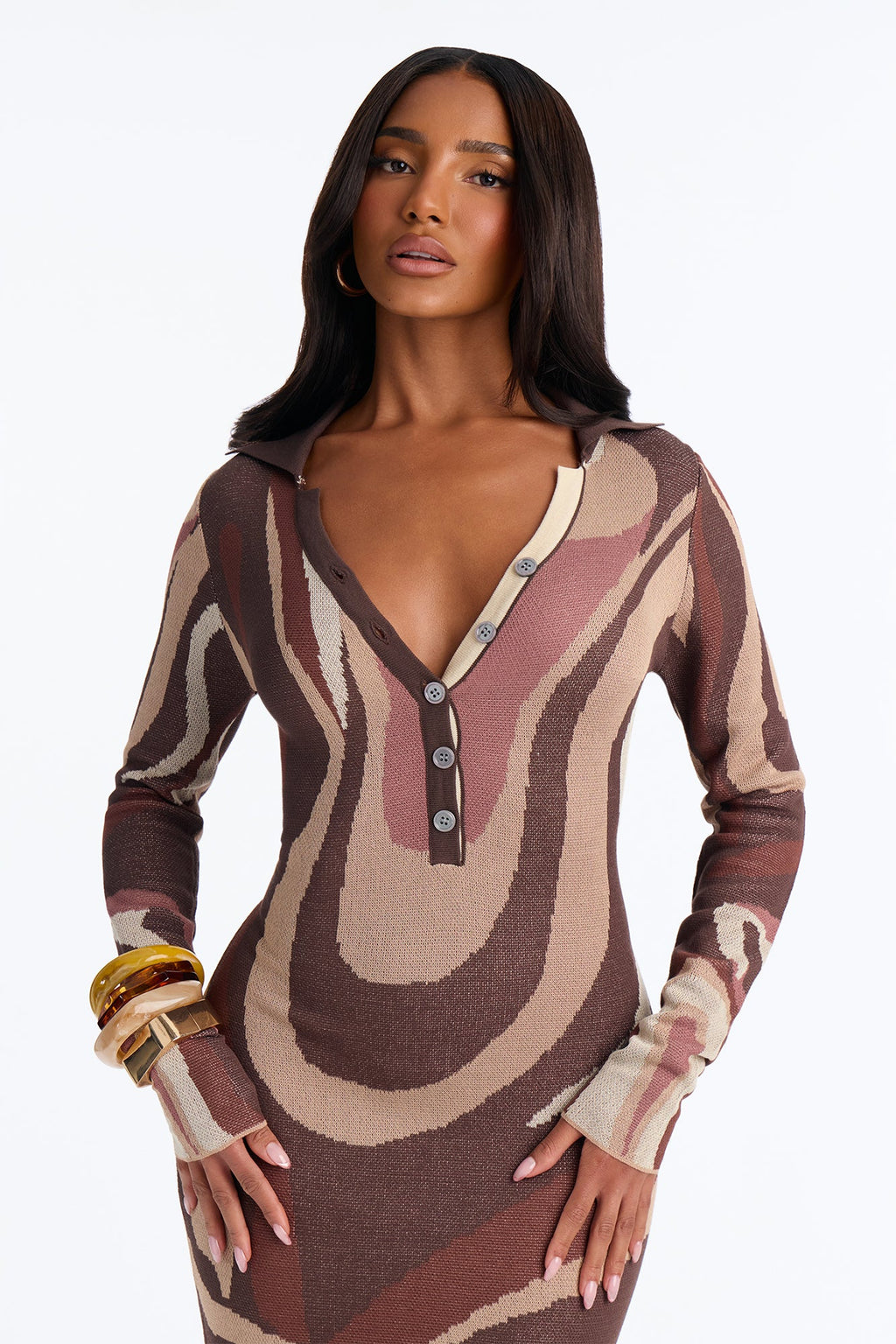 Katie Collared Sweater Maxi Dress - Brown/combo