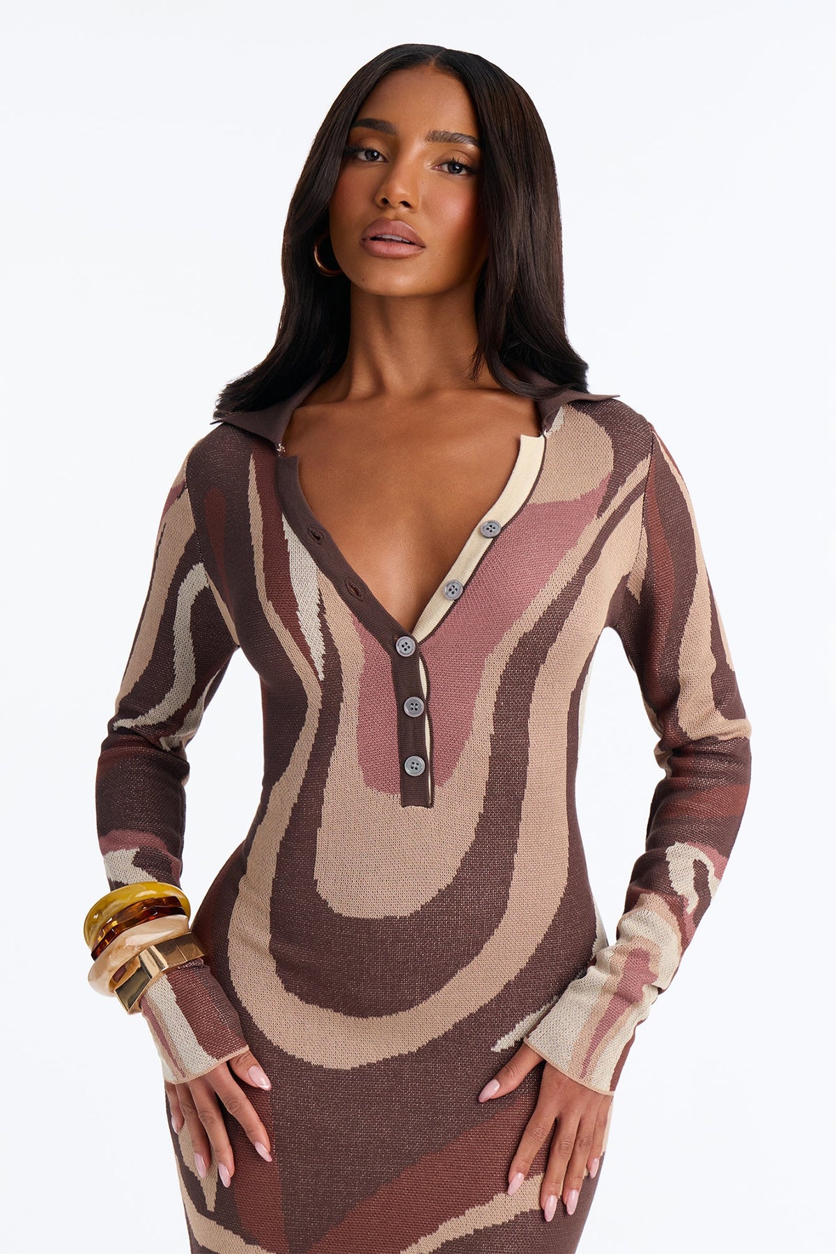 Katie Collared Sweater Maxi Dress - Brown/combo