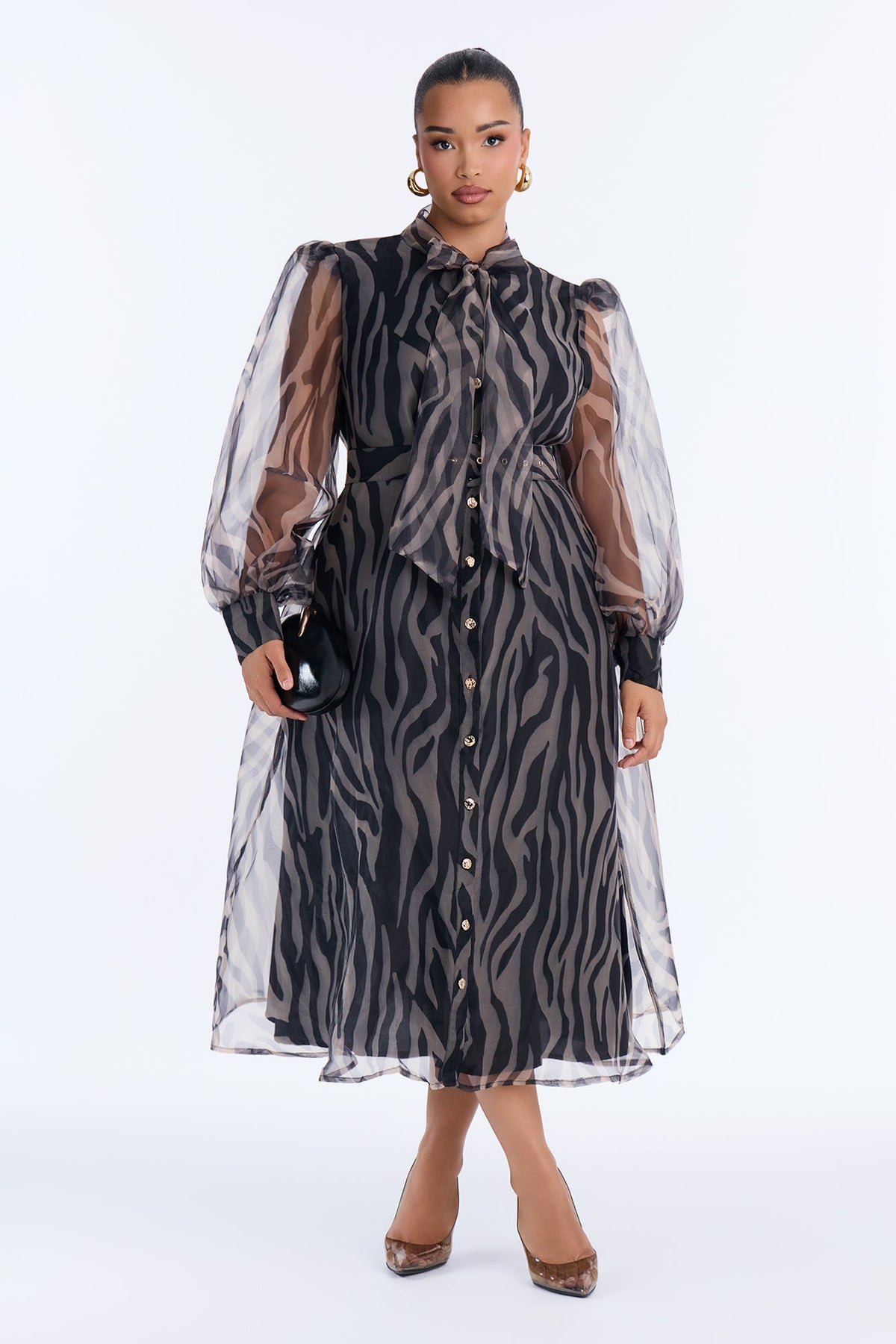Miss Wild Girl Tie Front Midi Dress - Black/combo