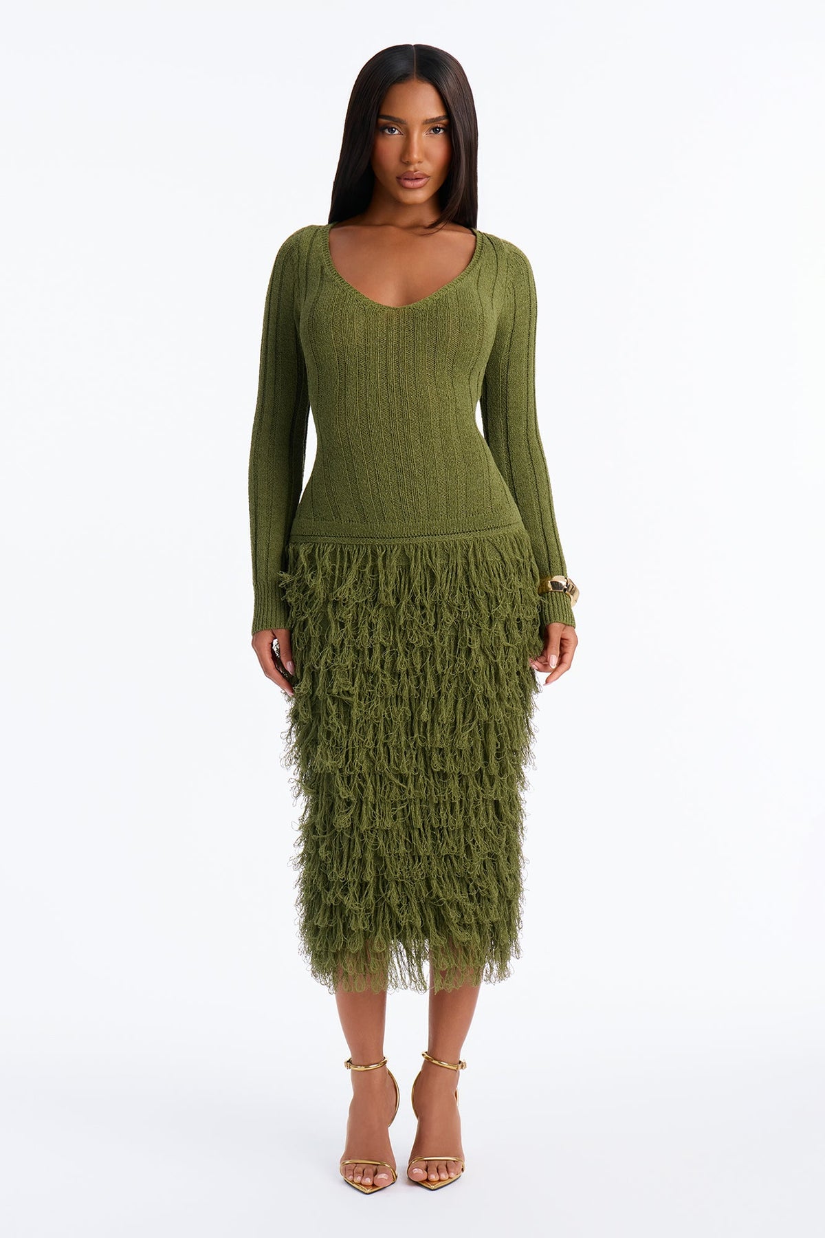 Shanice Fringe Sweater Midi Dress - Olive