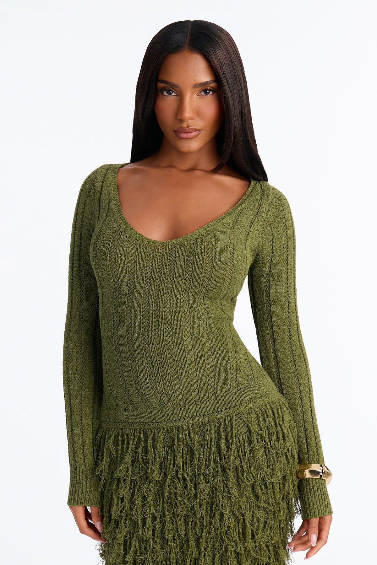 Shanice Fringe Sweater Midi Dress - Olive
