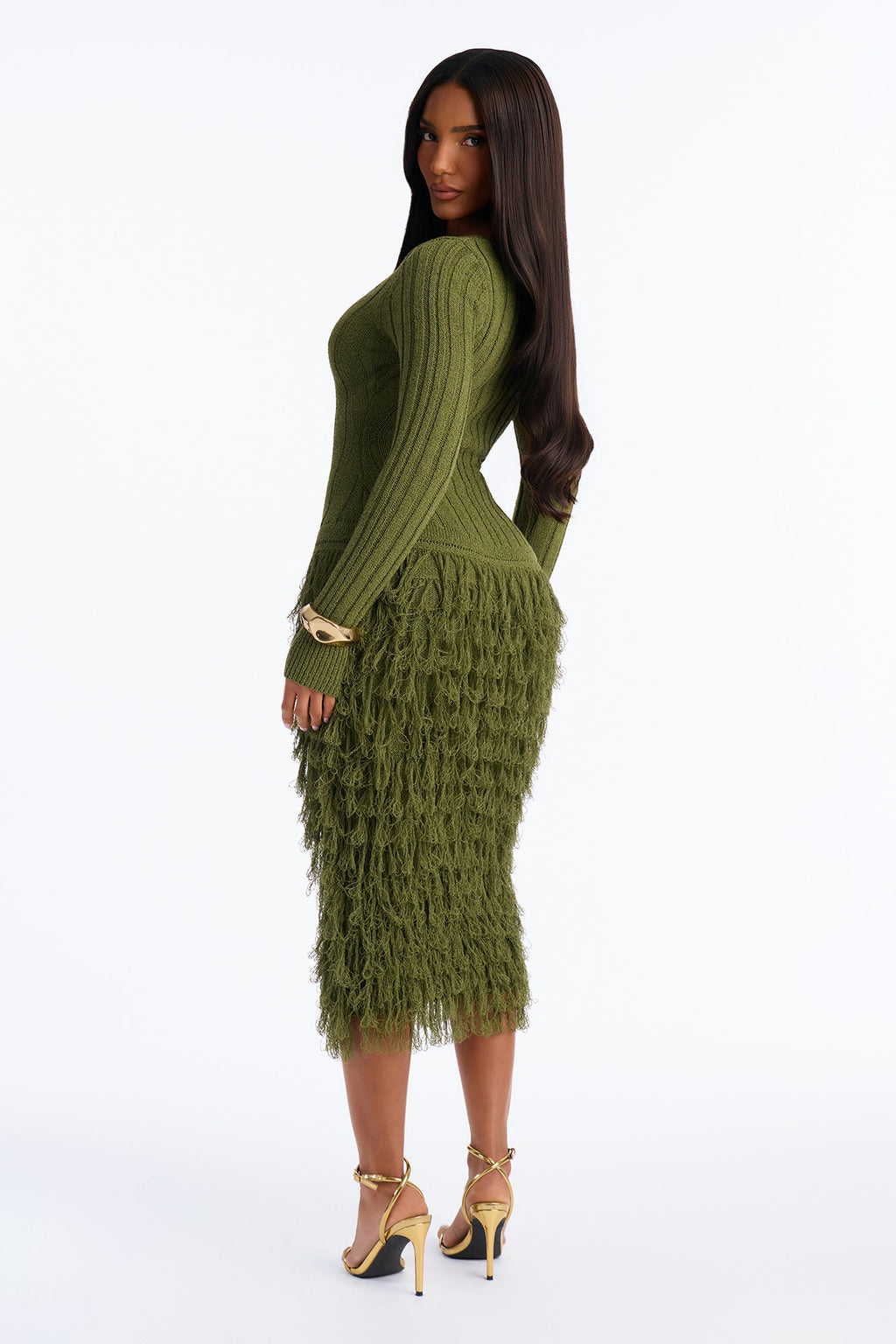 Shanice Fringe Sweater Midi Dress - Olive