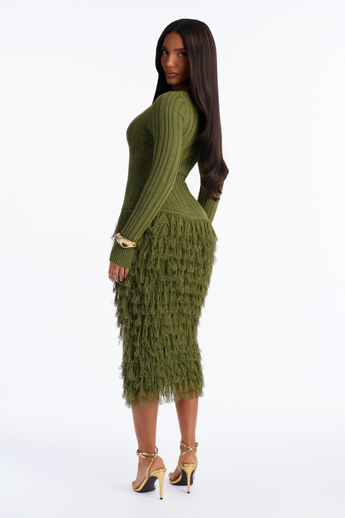Shanice Fringe Sweater Midi Dress - Olive