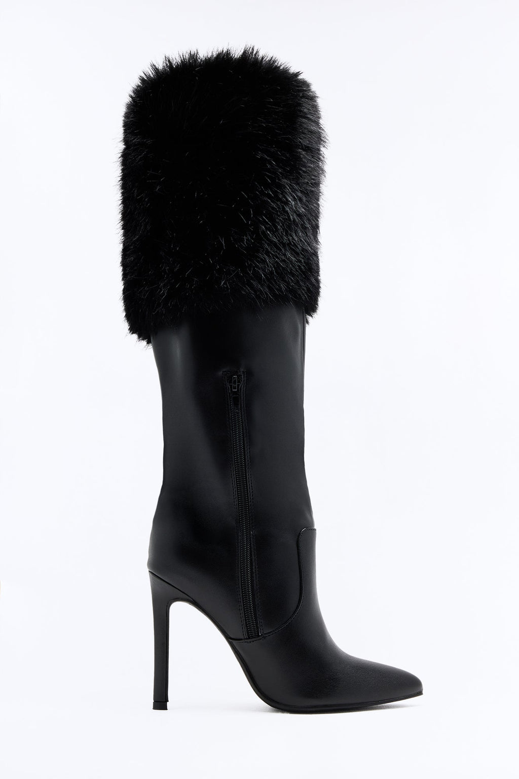 Play It Up Fur Overlay Heeled Boots - Black