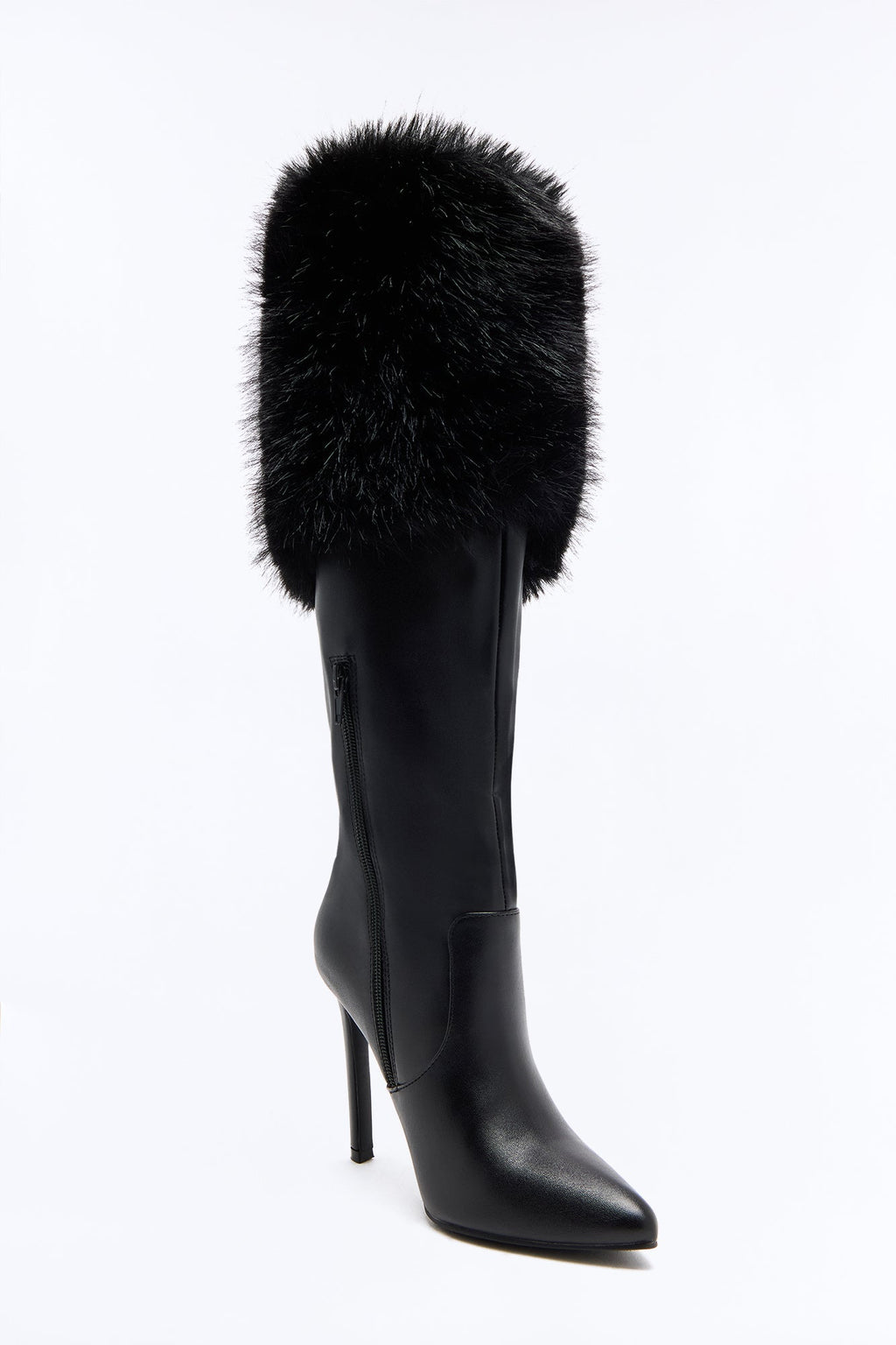 Play It Up Fur Overlay Heeled Boots - Black