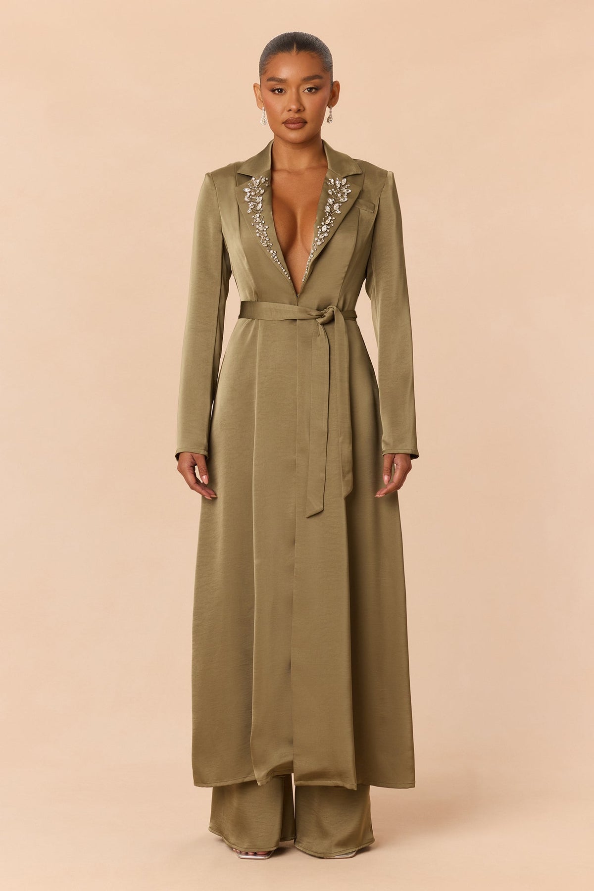 Office Crush Rhinestone Satin Pant Set - Olive