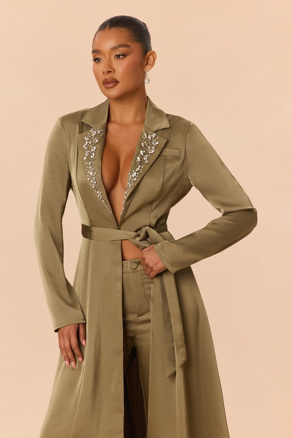 Office Crush Rhinestone Satin Pant Set - Olive
