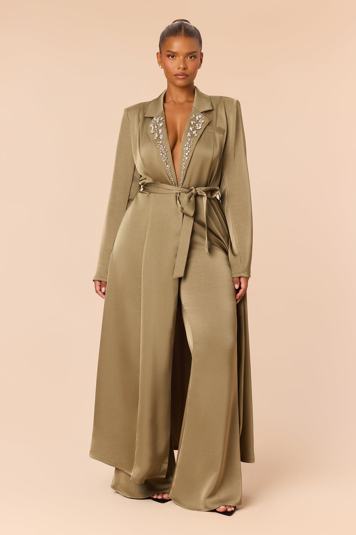 Office Crush Rhinestone Satin Pant Set - Olive