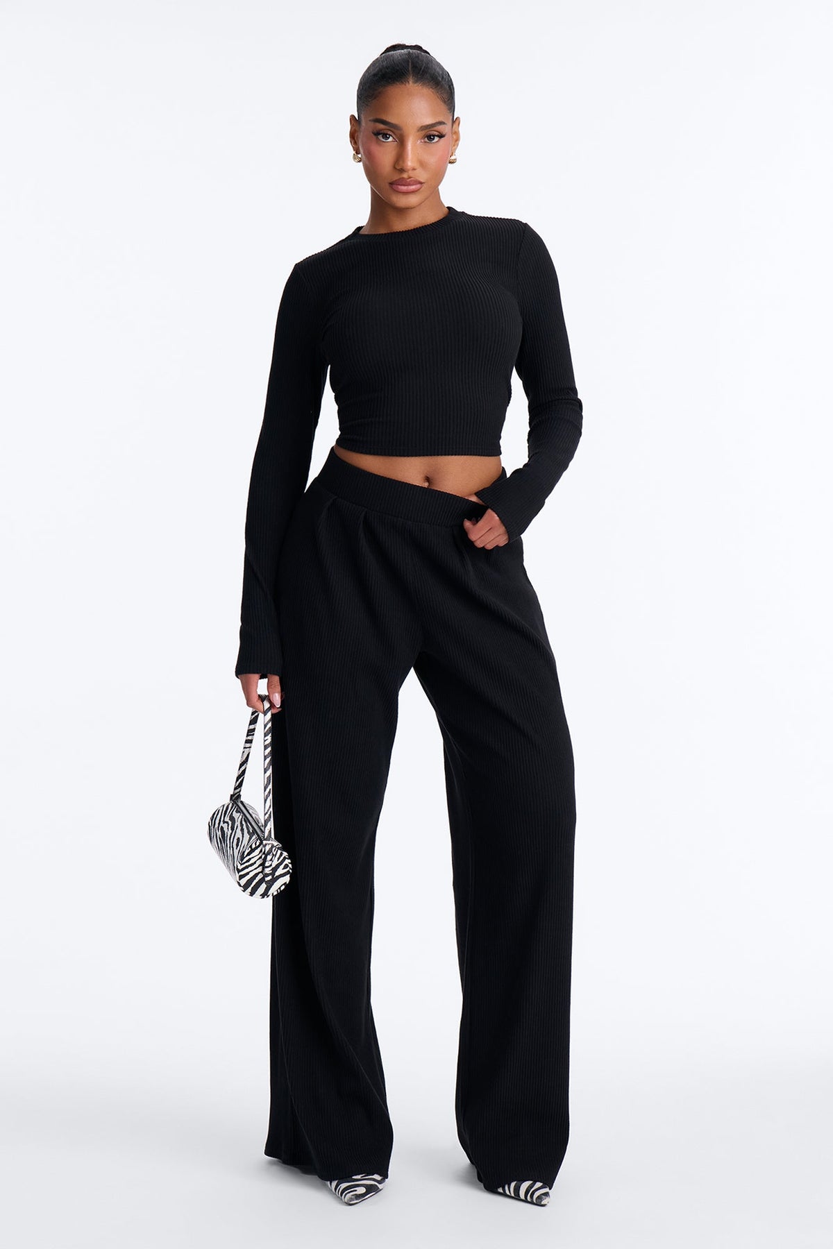 Karli Ribbed Wide Leg Pant Set - Black