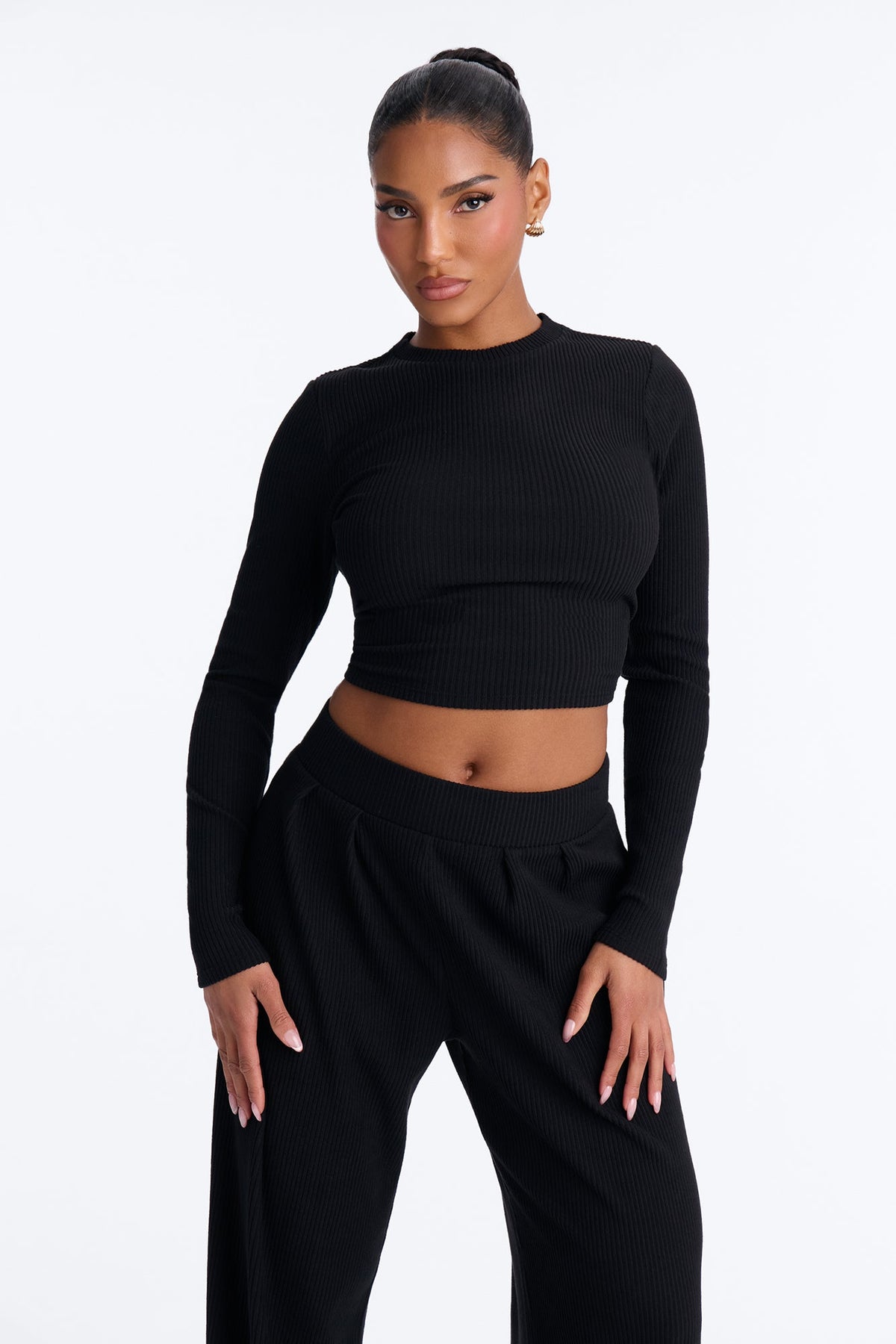 Karli Ribbed Wide Leg Pant Set - Black