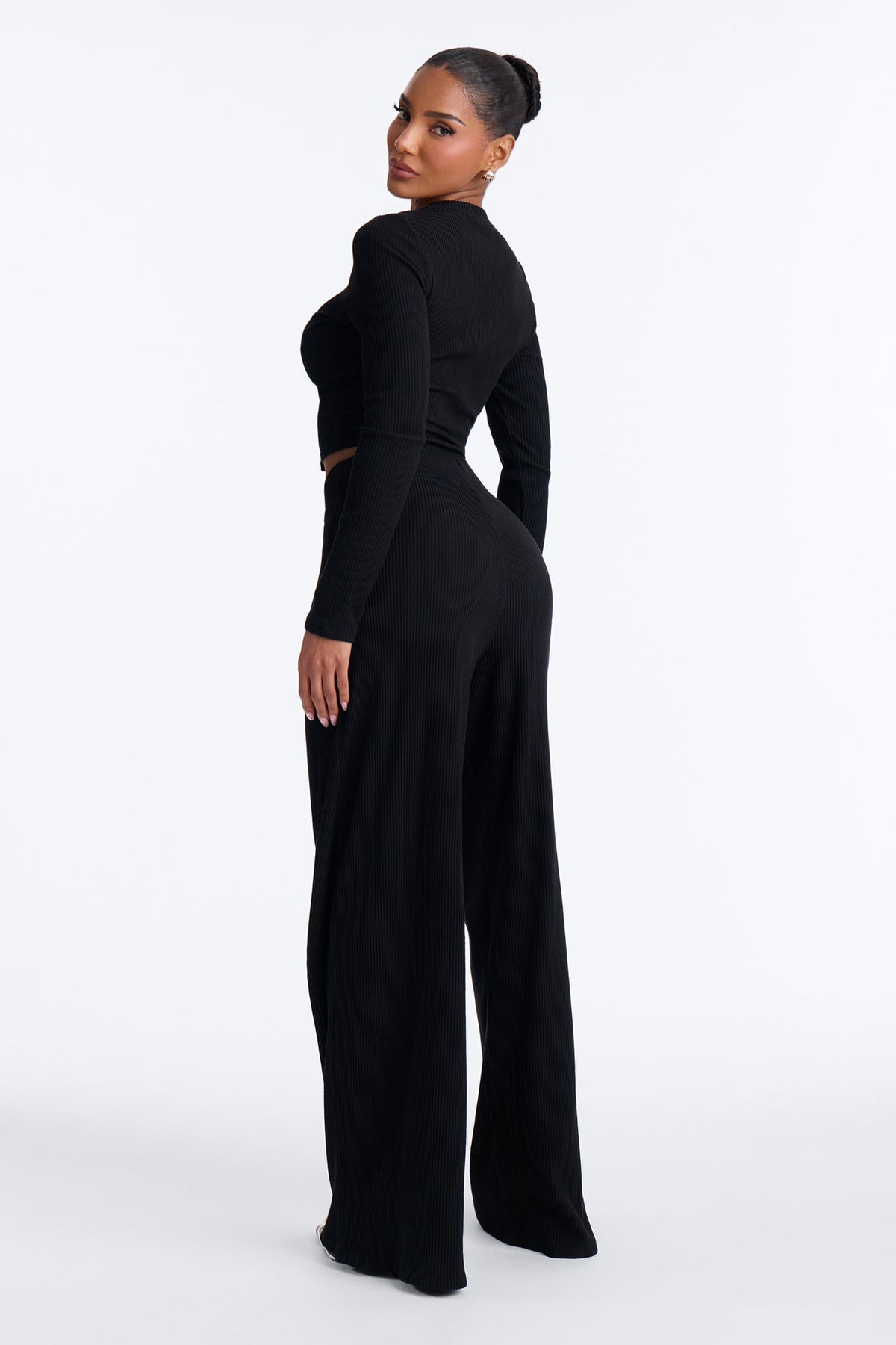 Karli Ribbed Wide Leg Pant Set - Black