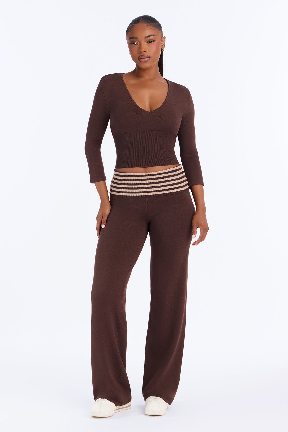 Celia Contrast Sweater Pant Set - Brown