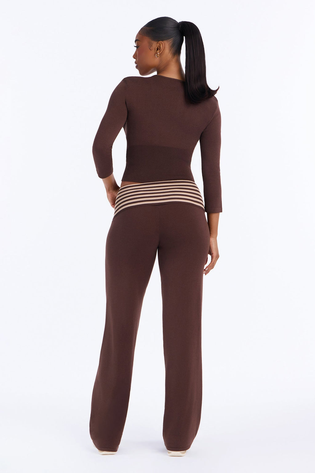 Celia Contrast Sweater Pant Set - Brown